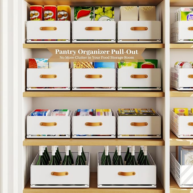 Pull Out Cabinet Organizer, No-Drill Pantry Drawers, Slide Out Shelves with Bamboo Risers for Lipped Cabinets,Ideal for Kitchen, Bathroom & Under Sink Storage (White, 15.8" Wide-21 Deep)