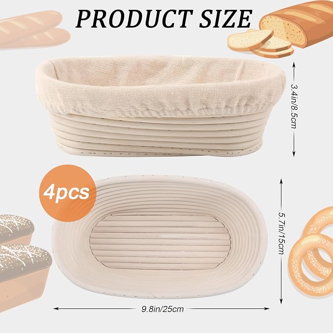 Nalcant 4 Pack Oval Banneton Proofing Basket Set 10 Inch, Natural Rattan Sourdough Bread Baskets with Linen Liners, Artisan Dough Rising Bowls for Home & Professional Bakers (10" Oval, Set of 4)