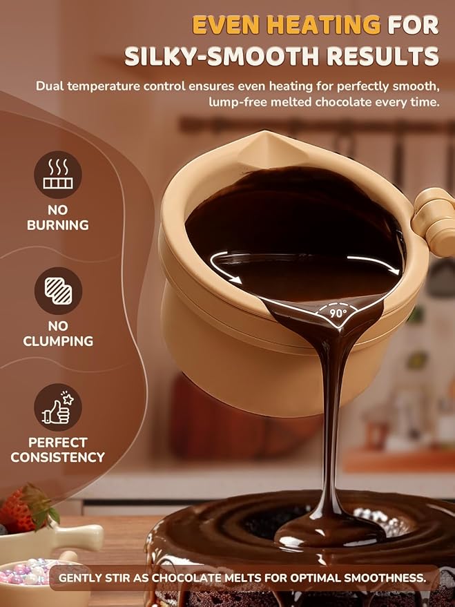 LUSHYUM Electric Chocolate Melting Pot with 2 Insert Pots, 4-Cup Chocolate | Even Heating & Fast Melting, BPA-Free Silicone, Easy Clean, Less Waste, Ideal for Chocolate & Candy Melts, Parties & Fondue