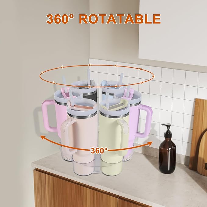 Aobiono Water Bottle Organizer for Stanley 40 oz Tumbler, Rotatable Cup Holder Stand 6 Slot Lazy Susan Spinning Carousel, Kitchen Cabinet Storage Accessories (Transparent)