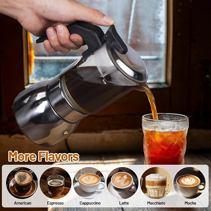 No Coating 4 Cup Glass Clear Moka Pot Thickened 304 Stainless Steel Stovetop Espresso Maker Italian Coffee Machine 200ml 6.8oz Classic Mocha Cafe Greca Coffee Suitable for Gas Induction