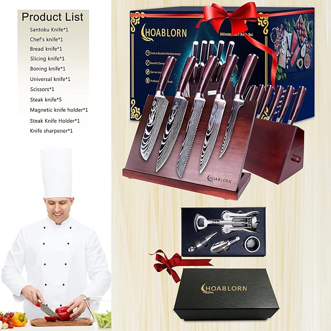 Kitchen Knives Set with Block HOABLORN Luxury 19pcs Magnetic Block Knife Sets :Acacia Knife Holder with Strong Magnet Heart,Damascus Kitchen Knives German Stainless Steel The One for Your Chefs