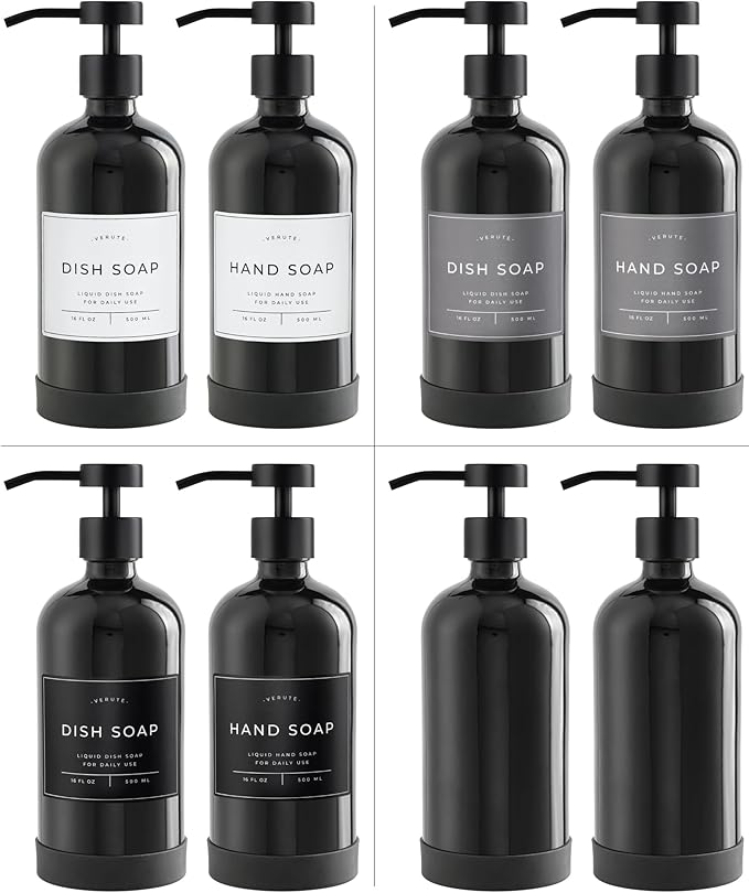 Hand and Dish Soap Dispenser for Kitchen and Bathroom, Set of 2 16 Oz Glass Bottles, Stainless Steel Pumps, Non-Slip Silicone Base, 27 Waterproof Labels (Gloss Black Bottle/Black Pump)