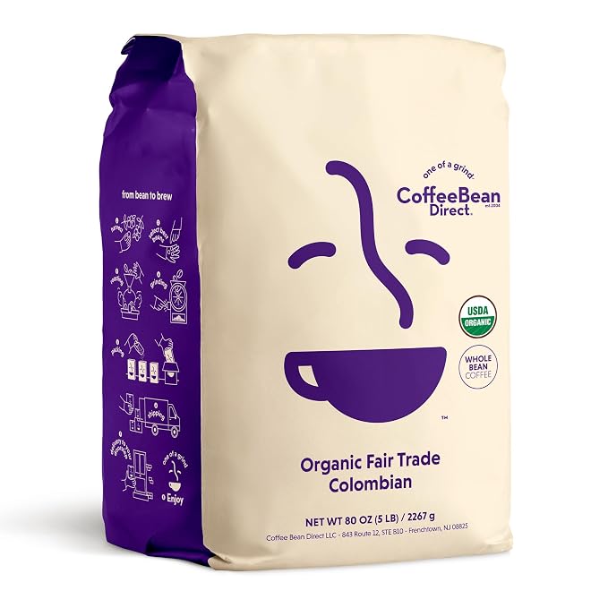 Coffee Bean Direct Organic Fair Trade Colombian, Whole Bean Coffee, Arabica Coffee, Light Roast, 5 Pound Bag (Pack of 1)