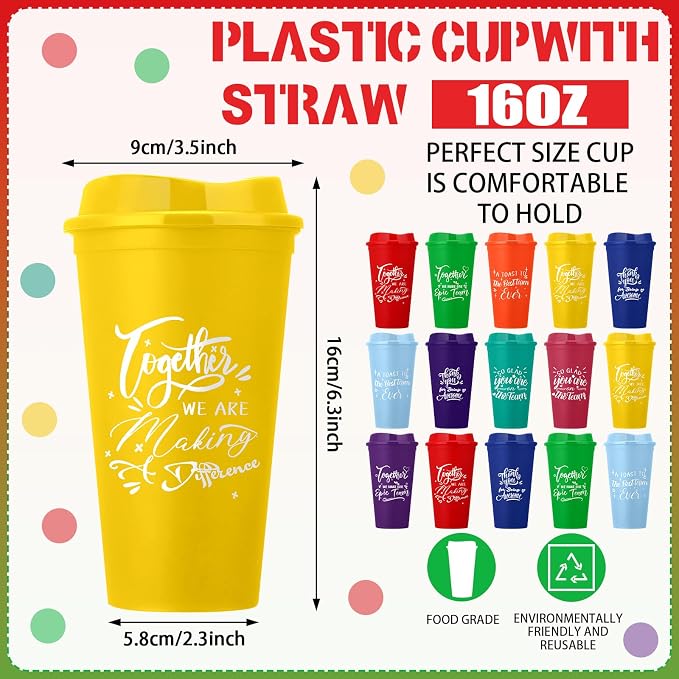 Pickmesh 15 Pcs Employee Appreciation Gifts Bulk 16 oz Plastic Tumblers with Lids Graduation Teacher Appreciation Gifts Reusable Coffee Cups for Staff Volunteer Coworker Team (Bright Color)