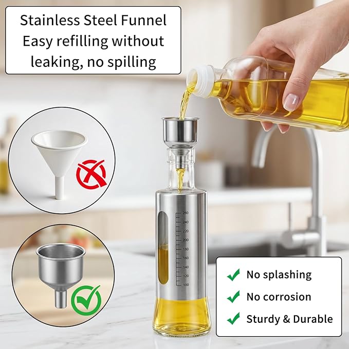 Olive Oil Dispenser for Kitchen, 2 Pack 10oz/300 ML Cooking Oil and Vinegar Dispenser Set with 20 Labels Stainless Steel Funnel, Olive Oil Bottle, Soy Sauce Dispenser, Coffee Syrup Bottles