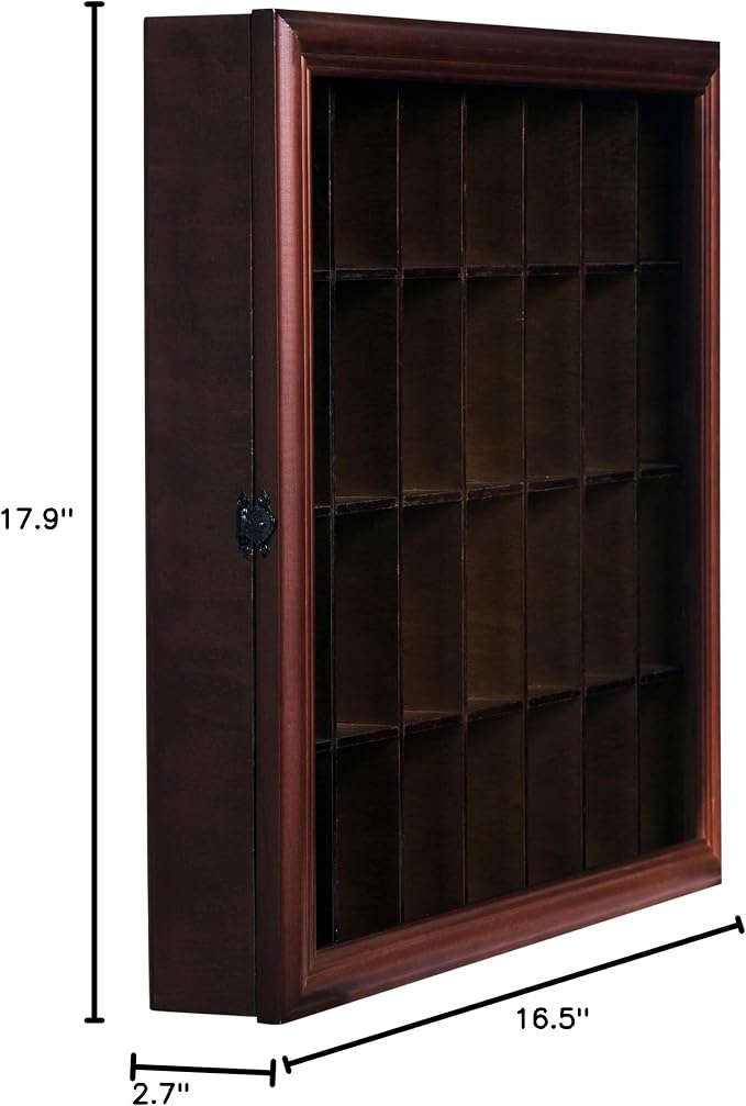 Gallery Solutions - 18x16 Shot Glass Collection - Walnut Collectable Display Case - Hinged Front - 28 Display Slots for Shot Glasses - Bar, Home, Office Accessories