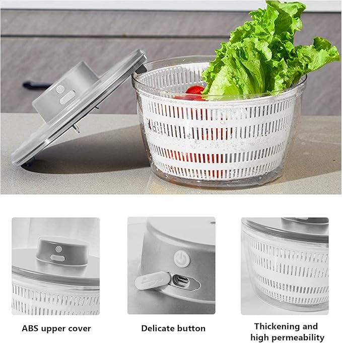 Vegetables Washer Dryer,4L Large Capacity Fruit Vegetable Strainer Spinner,USB Electric Salad Lettuce Spinner,Automatic Compact Salad Cleaner and Dryer for Home Kitchen(White)