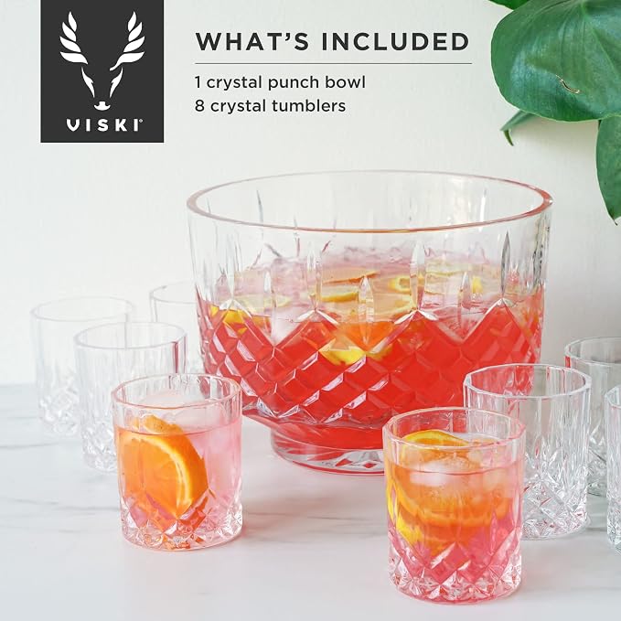 Viski Admiral Punch Bowl Set with 8 Tumblers, Cut Crystal Cocktail Party Serveware, Dishwasher Safe, 2.5 Gallons, 9 Oz Glasses, Set of 9