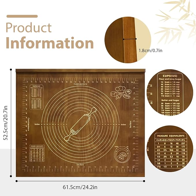 Wooden Pastry Board with Measurement 24'' x 20" Reversible Kneading Board with Side Lip and Engraved Ruler Bread Cutting Boards for Rolling Dough Baking Counter Top Kitchen (Brown)