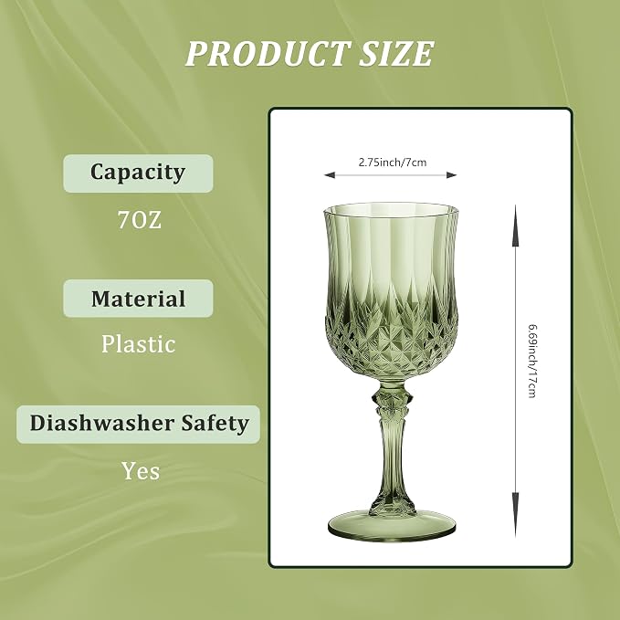 7OZ Plastic Wine Glasses, Reusable Vintage Goblets Unbreakable Drinking Glasses Crystal Water Cups Champagne for Wedding, Parties (12, Light Green)