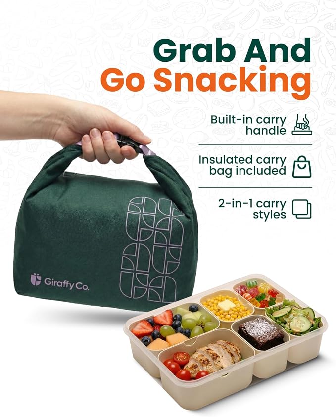GIRAFFYCO Creamy White Snackbox with Drain Compartment, Portable Snackle Box w/Insulated Carry Bag & Reusable IcePack, 6 Removable Compartments (2 Large + 4 Small) w/Individual Lids, BPA‐Free