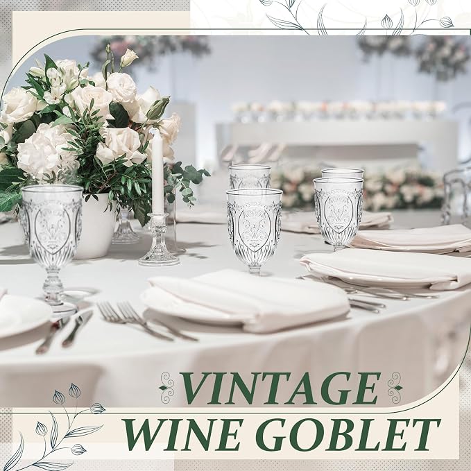 Wiwiqing 100 Pcs Plastic Goblets 7.5oz Vintage Goblet Plastic Wine Glasses Colored Retro Embossed Water Goblets for Wine Bar Juice Baby Shower Wedding Reception Grand Event Party (Clear)