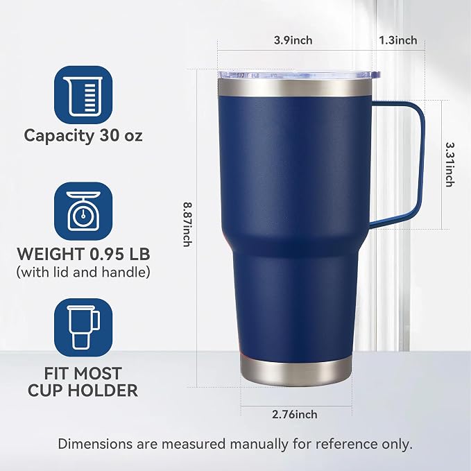 30 oz Tumbler with Handle and Lid, Stainless Steel Tumblers Bulk Double Wall Vacuum Insulated Travel Mug Leak Proof Cup Keep Drinks Cold and Hot Navy, 4 Pack