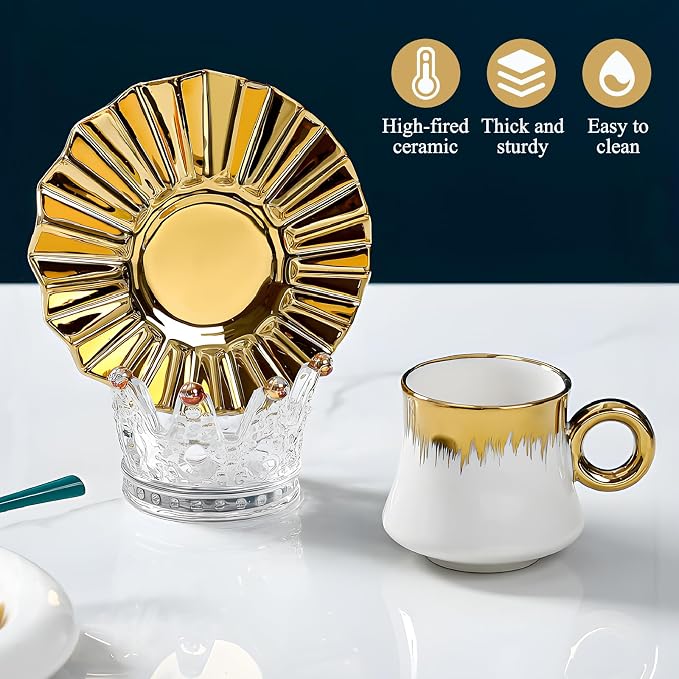 Coffee Cup Set of 6 with Saucers, 3.5 OZ Ceramic Espresso Cups, Demitasse Turkish Coffee Cup Gift for Double Shot, Latte, Cafe Mocha, Dishwasher & Microwave Safe, Deco Golden