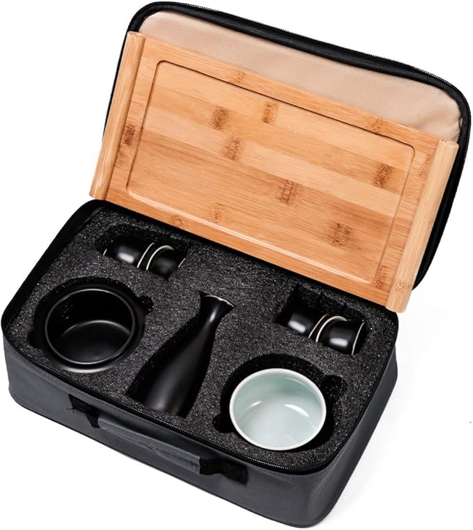 Ceramic Sake Set with Warmer Pot Tray, Stovetop Porcelain Pottery Hot Saki Drink Bottle, 10pcs Set 1 Stove 1 Warming Bowl 1 Sake Bottle 1 Tray 6 Cup Keep Sake Storage Box (Black)