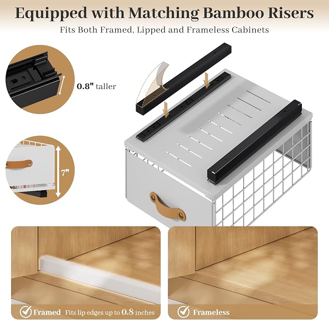 Pull Out Cabinet Organizer, No-Drill Pantry Drawers, Slide Out Shelves with Bamboo Risers for Lipped Cabinets,Ideal for Kitchen, Bathroom & Under Sink Storage (White, 9.8" Wide-15.7" Deep)