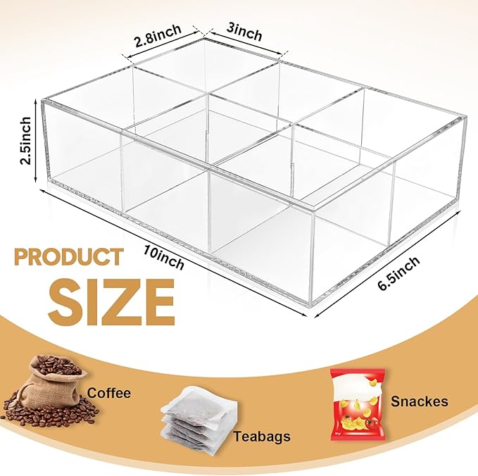 Maitys 4 Pcs Acrylic Tea Bag Organizer Divided Storage with 6 Compartments Clear Acrylic Stash Box Condiment Holder Pantry Organizer for Snacks Coffee Sugar Tea Bar Accessories