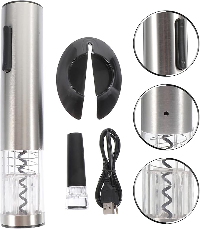 Lurrose Automatic Electric Wine Opener Rechargeable Stainless Steel Corkscrew with Vacuum Stopper and USB Charging Cable Practical Lightweight Wine Bottle Opener for Home Party and
