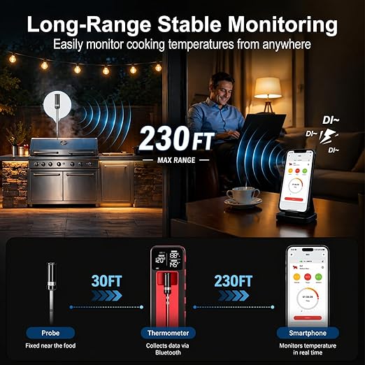 Smart Wireless Meat Thermometer 230FT Remote Food Thermometer Meat with Bluetooth Standalone Base Thermometer Digital Wireless for Remote Monitoring of BBQ, Oven, Kitchen,Grill,Matte Black