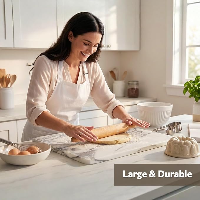 Marble Cutting Board for Kitchen, 16 x 20 Inch Pastry Board With Non-Slip Feet for Baking, Marble Slab, Gifts, White Marble Black Veins
