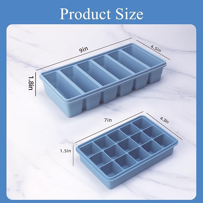 2-Pack Silicone Freezer Trays with Lid,6 Large 1/2-Cup(125ml)&15 Small 2 Tbsp(30ml) Soup Freezer Container Molds,Ice Cube Tray For Meal Prep&Freezing Soup,Stews,Sauces, Garlic, Herbs (Blue 2 Pack)