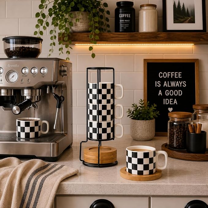 LUKA Porcelain Stackable Black and White Checkered Espresso Cups with Saucers and Metal Stand, 4 Ounce Small Ceramic Demitasse Cups Set for Coffee Drinks, Latte, Tea - Set of 4, White Interior