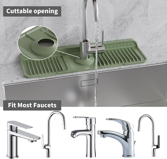 WAFT YEARN 17X5 Inch Silicone Durable Faucet Mat Kitchen Sink Splash Guard Draining Protector Tray Liner Absorbent Protective Counter Accessories For Sink Kitchen Bathroom Laundry Room Bar & RV Green