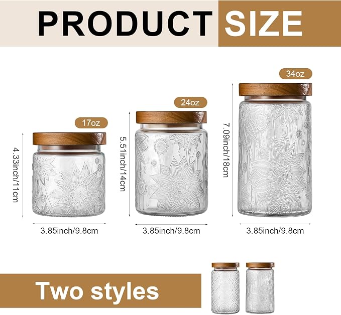 FillTouch 6 Pcs Vintage Glass Jar with Wooden Lid 17/24/34 oz Glass Airtight Food Storage Container with Lid Jar Begonia Sunflower Pattern for Kitchen Sugar Coffee Tea Beans Candy Cookie