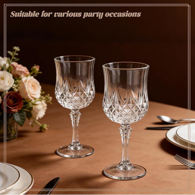 16 Pack Plastic Wine Glasses,10oz Unbreakable Vintage Style Goblets,Reusable Crystal Like Drinking Glass for Wedding Reception, Party Supplies (Clear)