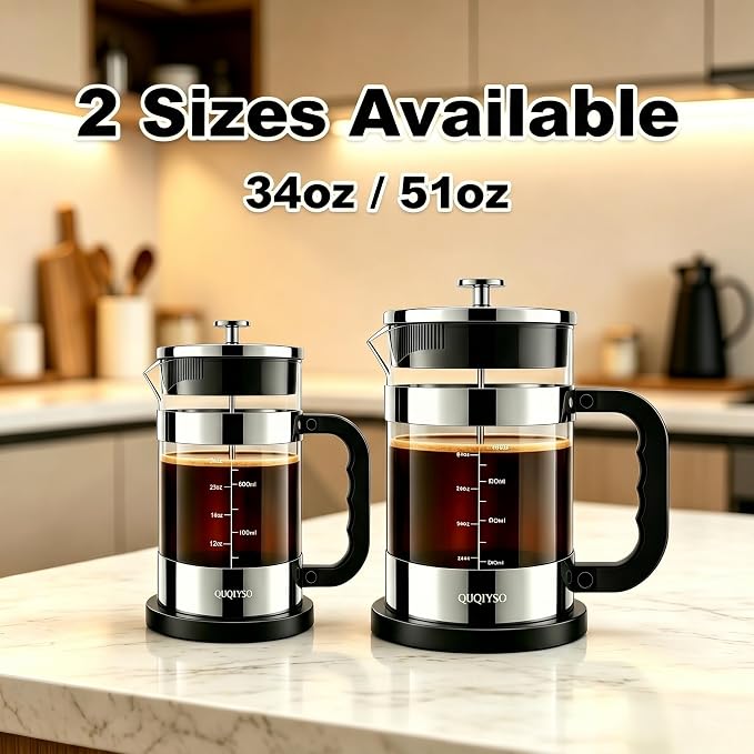QUQIYSO French Press Coffee Maker, 2.5mm Thick Borosilicate Glass, 4 Layer Stainless Steel Filter, BPA Free Cold Brew Coffee Maker & Teapot, Durable Coffee Press for Home, Travel, 34oz, Silver