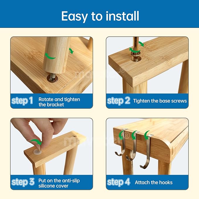 MAVOTER Over The Stove Top Shelf for Kitchen Bamboo Spice Rack Organizer for Back of Stove with Protective Lips & 6 Hooks,Easy Installation 33.5 * 4.5 * 13.4”