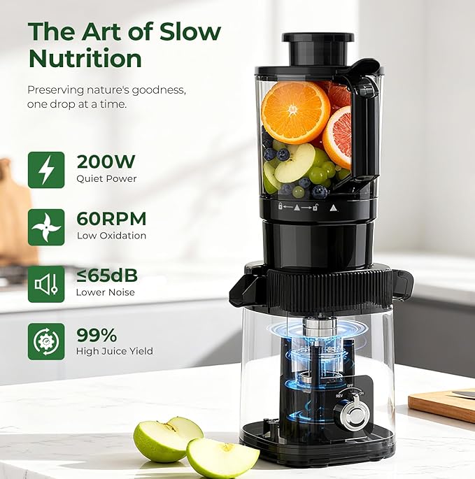 Cold Press Slow Juicer Machine, Compact Slow Masticating Juicer for Vegetables & Fruits, 4.4" Wide Feed Chute, Easy to Clean Stainless Steel Juice Press, Dishwasher Safe, High Juice Yield