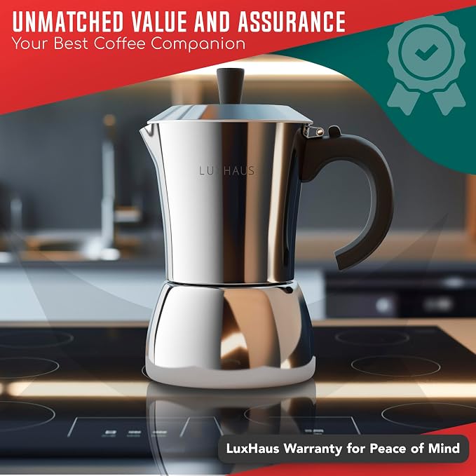 LuxHaus 9 Cup Moka Pot (2oz each cup - 18oz total) Stovetop Espresso Maker - Stainless Steel Italian and Cuban Mocha Coffee Maker