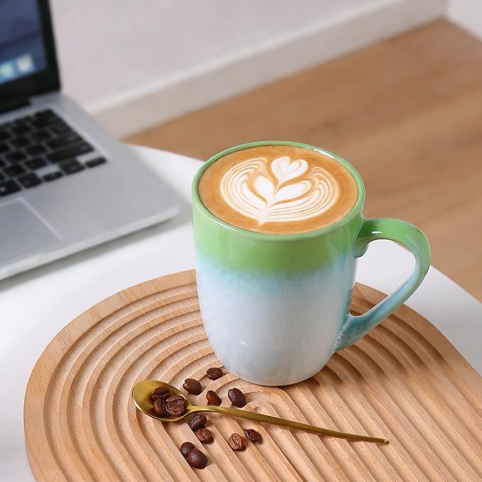 MONITO 14 OZ Coffee Mugs Set of 4, Large Ceramic Blue Coffee Mugs Set with handle for Tea/Latte/Milk/Cocoa, Funny Tea Cups for Office and Home, Engagement Gifts. (White-green)