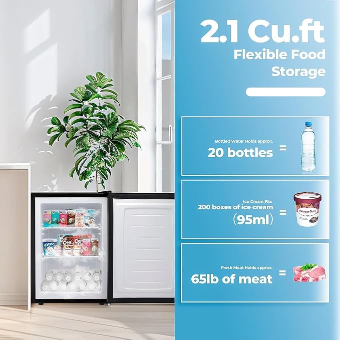 Electactic 2.1 Cu.ft Small Freezer, Mini Upright Freezer with 7 Adjustable Thermostat, Removable Shelves, Reversible Single Door, for Bedroom/Home/Dorms/Apartment (Silver)