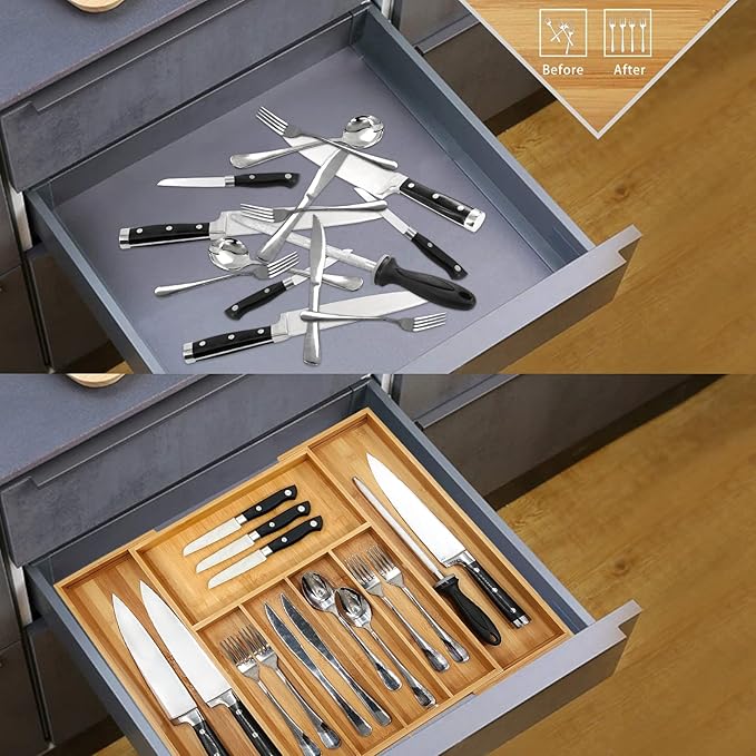 VaeFae Bamboo Silverware Drawer Organizer with Knife Block and Silverware Organizer Bundle