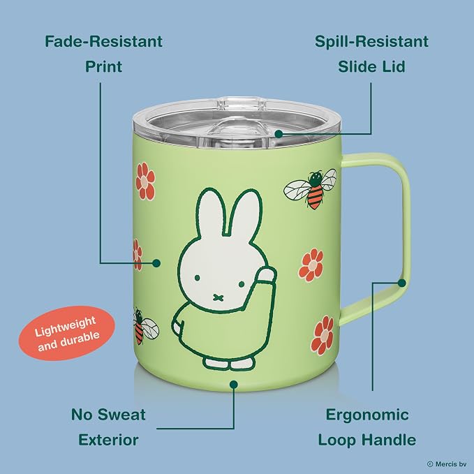 Dragon Glassware | Miffy Stainless Steel Camp Mug with Lid, 12 oz - Green | Nijntje Insulated Camping Mug For Coffee, Tea, Matcha & Hot Beverages; Miff Mug with Lid