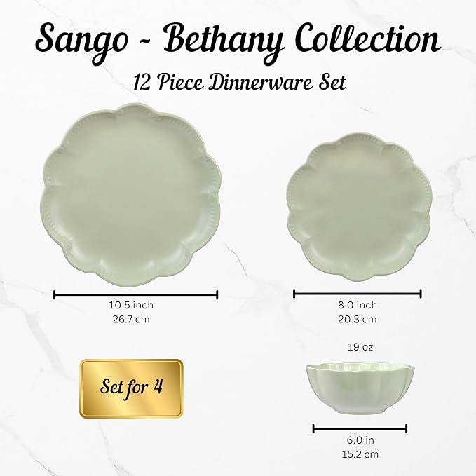 Sango 12 Pieces Scalloped Dinnerware Set, Sage Green Dishes for 4, Premium Serving Plates & Bowls Sets, Chip Resistant, Ceramic Dishware, Kitchen Dish, Microwave & Dishwasher Safe, Bethany