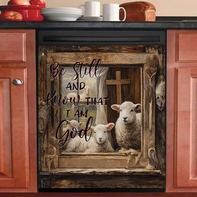 Sheep Front Door Dishwasher Magnet Cover,Christ Refrigerator Panel Decal, Wood Grain Cross Magnetic Dishwasher Cover,'Be Still and Know That I Am God'Text Magnetic Decorative Sticker,23"x17"