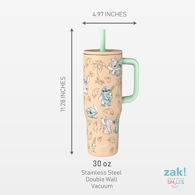 Zak Designs Disney Sutton Travel Tumbler for On the Go, 30oz Stainless Steel with Vacuum Insulation, Silicone Straw, and Carry Handle for Cold Drinks (Stitch, Angel)