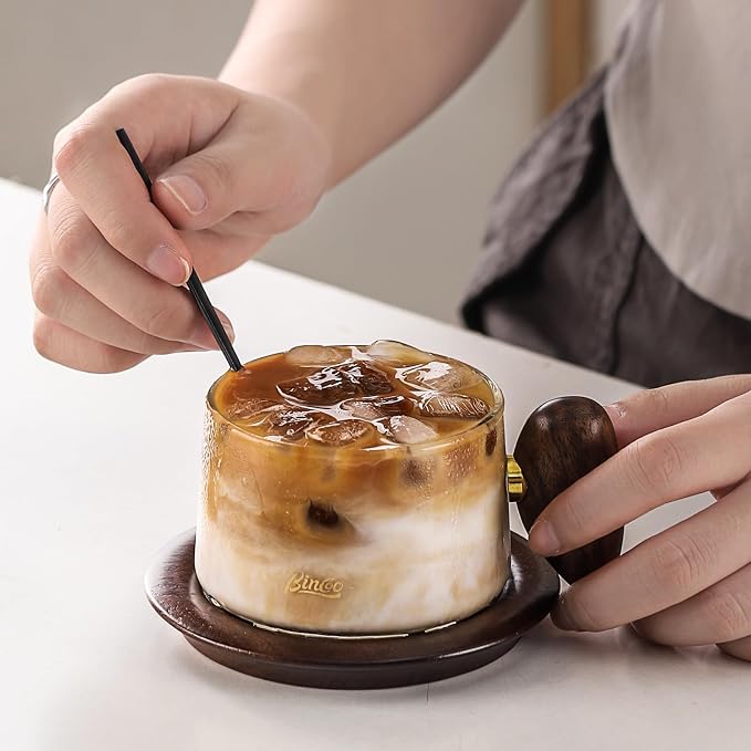 Bincoo Glass Coffee Cups and Saucers Set,250ML Clear Glass Iced Coffee Mug Espresso Cup Tea Cup with Walnut Coaster and Handle