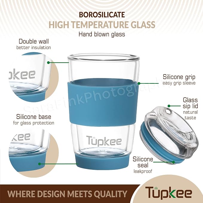 Double Wall Glass Tumbler - 8-Ounce, All Glass Hand Blown Reusable Insulated Tea/Coffee Mug & Lid, Travel Mug - Niagara