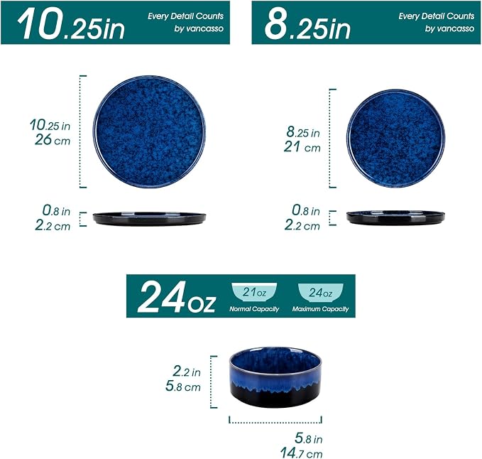 vancasso Starry Plates and Bowls Sets for 8, 24 Pieces Blue Dinnerware Sets for Kitchen, Modern Stoneware Dishes Set, Dishwasher and Microwave Safe