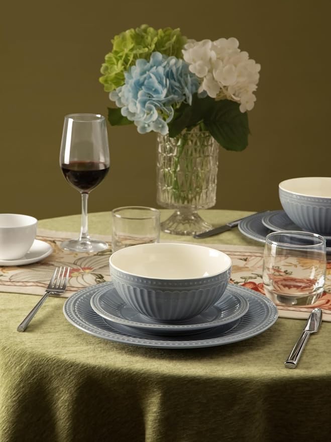 Famiware Garden Plates and Bowls Set for 6, 18-Piece Kitchen Dishes Dinnerware Set - Microwave and Dishwasher Safe, Scratch Resistant, Reactive Glaze and Embossed Stoneware Tableware, Bluish Grey