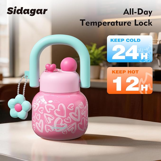 22 oz Tumbler with Straw and Carry Handle, Wide Mouth Insulated Stainless Steel Travel Water Bottle, Heart Pattern Flask for Gym & Office, Preppy Kawaii Valentines Day Gift