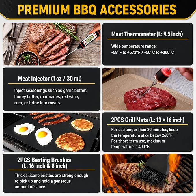 34Pcs Grill Accessories Grilling Gifts for Men, 16 Inches Heavy Duty BBQ Accessories, Stainless Steel BBQ Tools with Thermometer, Grill Mats for Backyard, BBQ Gifts Set for Men Women