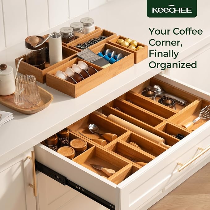 keechee Carbonized Bamboo Kitchen Drawer Organizer (Bundle: 10pc Organizers Set)
