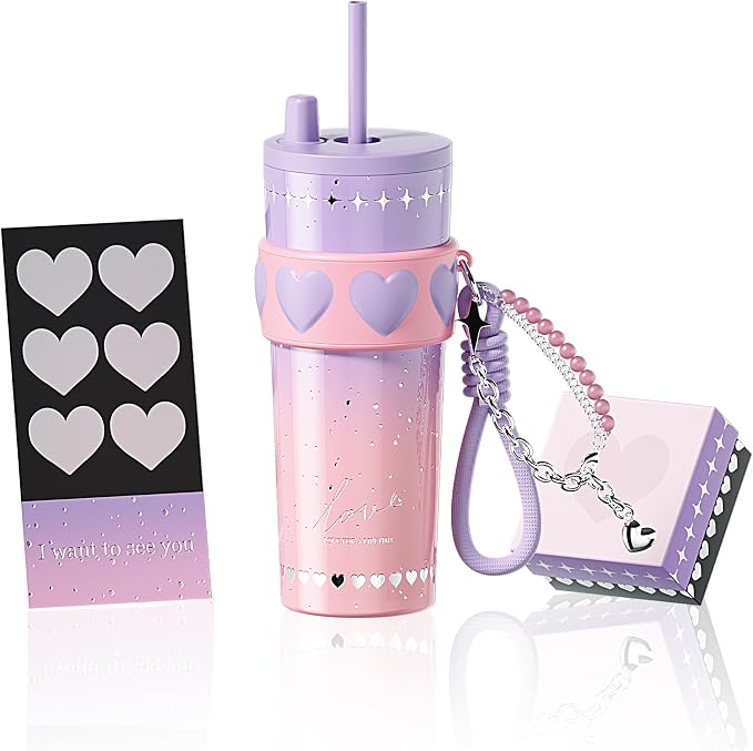 24 oz Stainless Steel Tumbler with Lid and Straw, Insulated Coffee Mug, Leak Proof, Portable Iced Travel Water Bottle, Reusable Thermal Coffee Cup Gift for Women, Purple