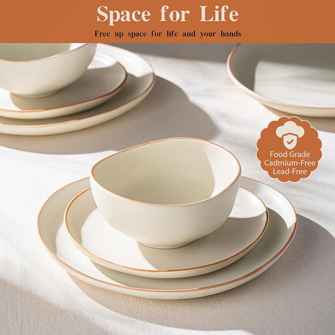 Dafuceramic Stoneware Dinnerware Set for 4, 12 Piece Plates and Bowls Set with Glazed Rim,Chip & Scratch Resistant Plates Sets, Dishwasher Microwave Safe Dishes (Light Beige)